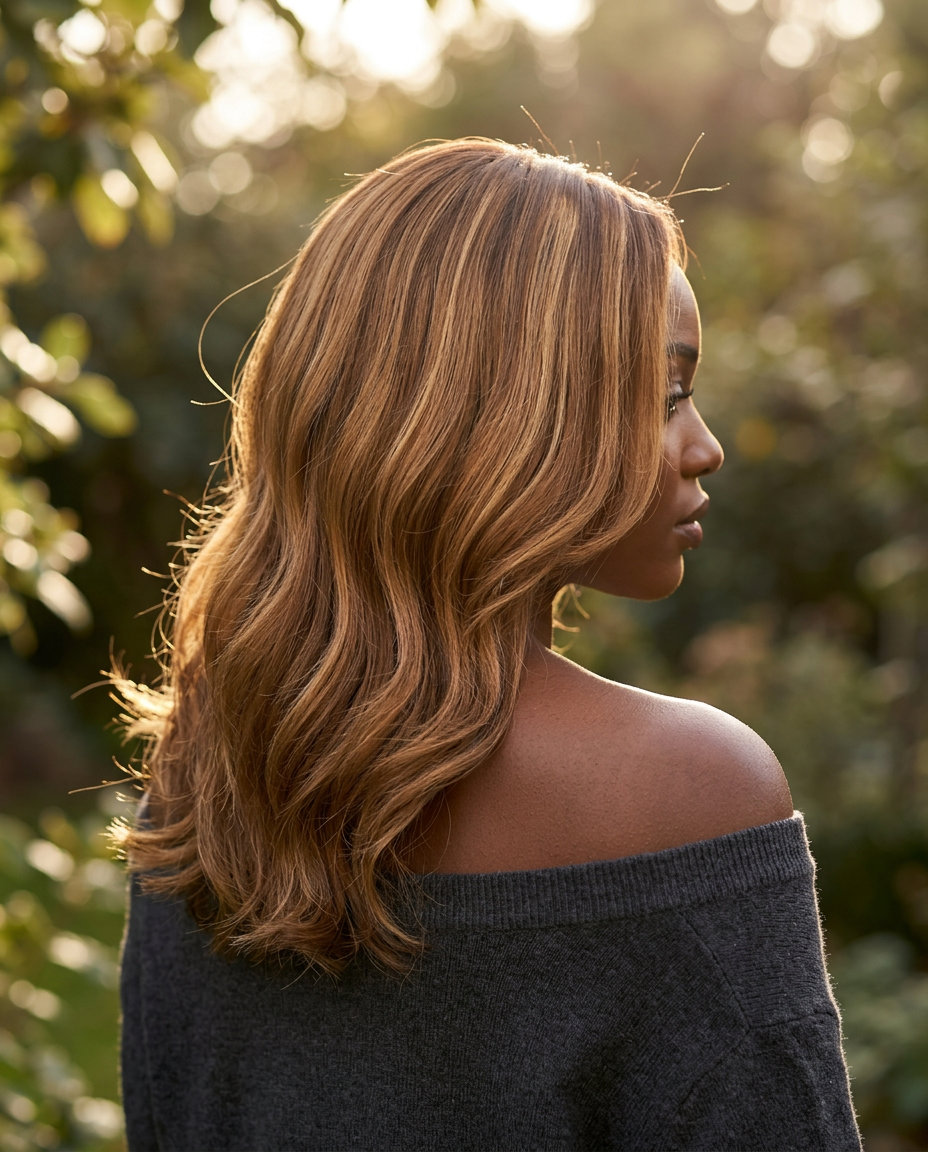 long honey brown hair with golden ribbon highlights, seamless balayage blend, soft mood