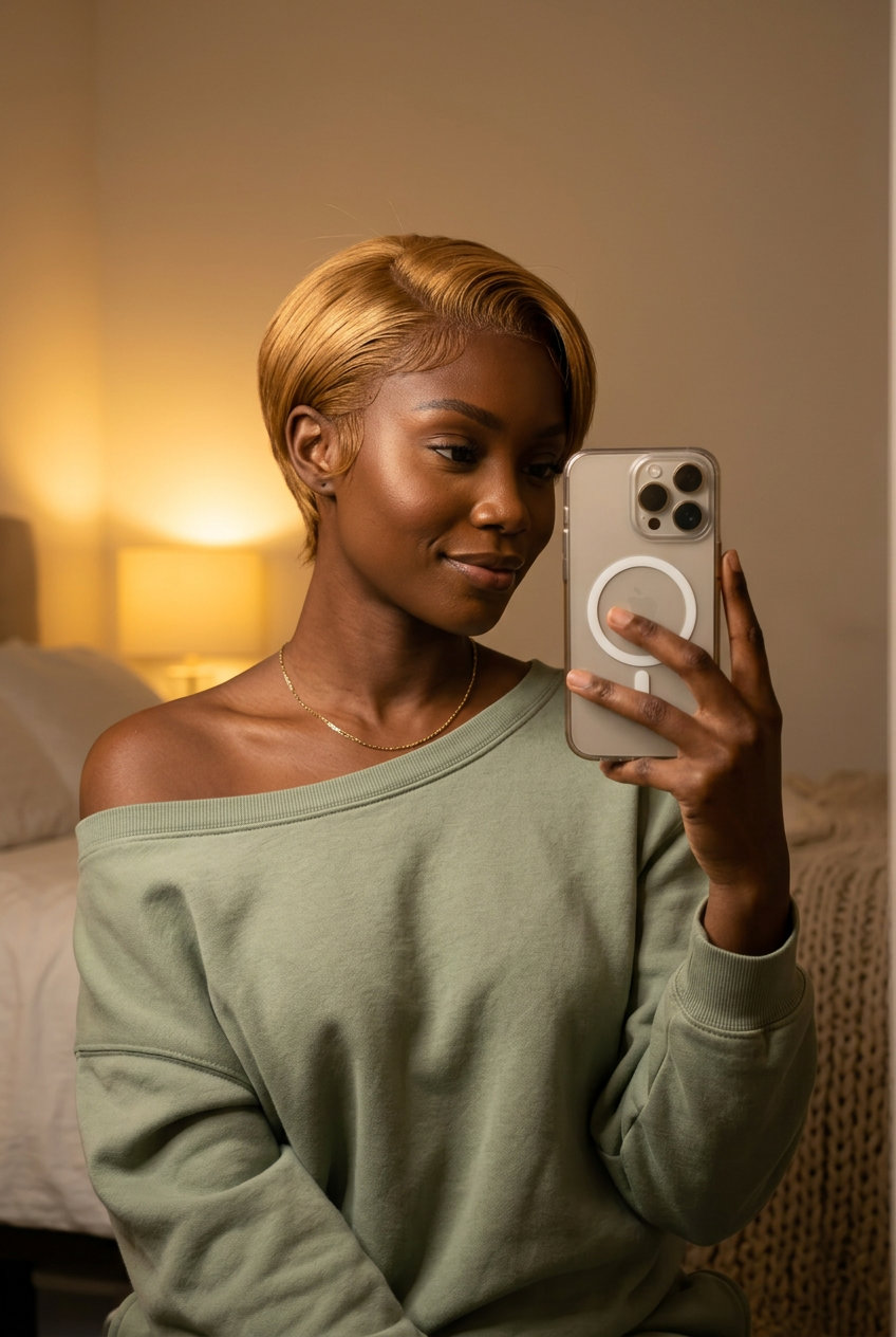 short sleek pixie with uniform golden honey blonde for summer