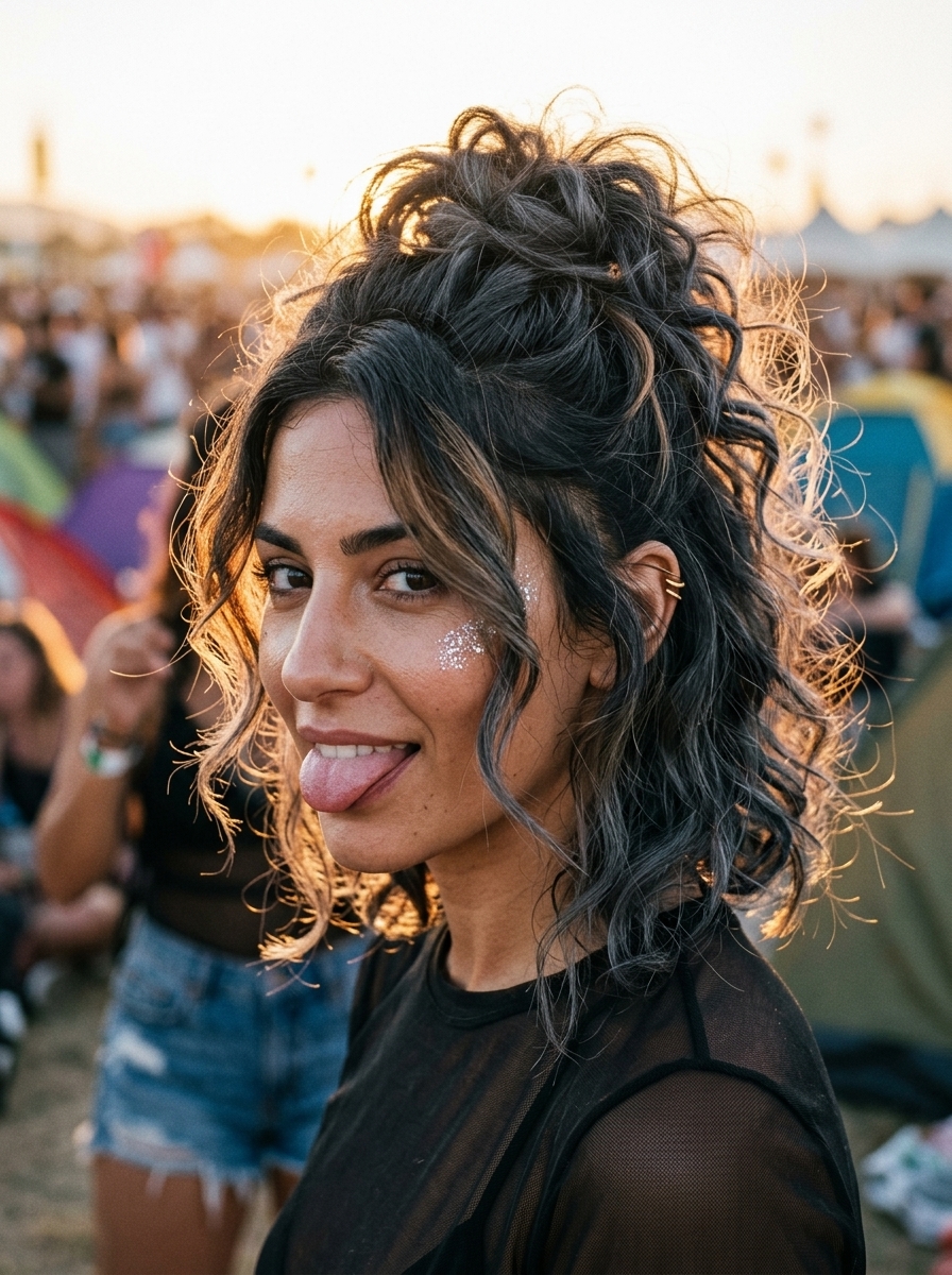 medium curly layered natural hair half up half down with subtle halo highlights, messy bun — edgy rebellious