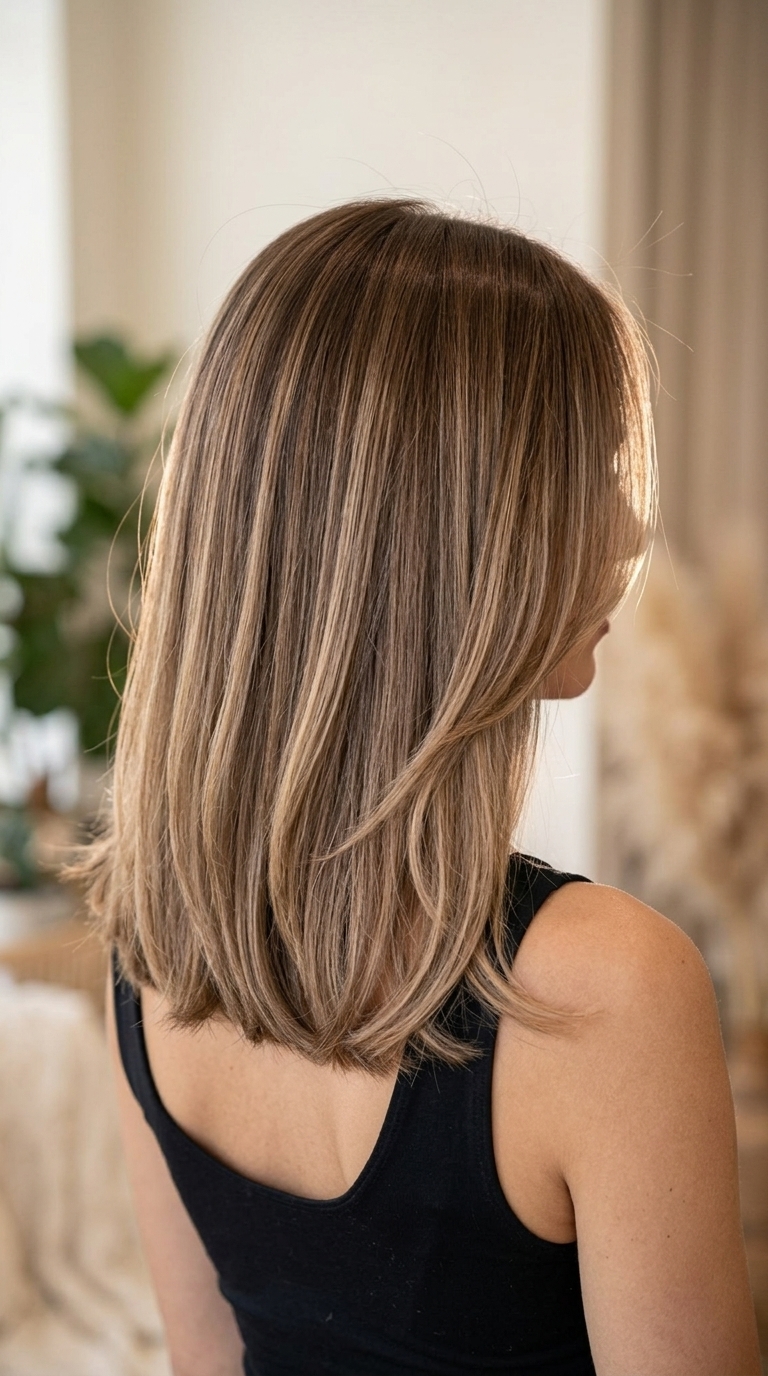 collarbone-length midi cut with internal layers in hazelnut brown with praline balayage, long face-framing — sophisticated, natural, understated