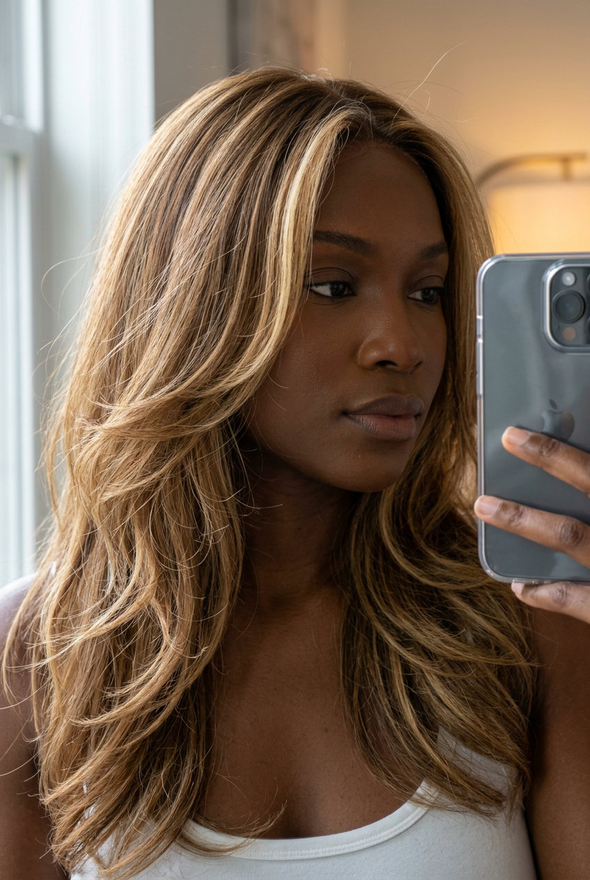 long U-shaped haircut in natural base with warm honey balayage, diffused layers and face-framing pieces — bohemian