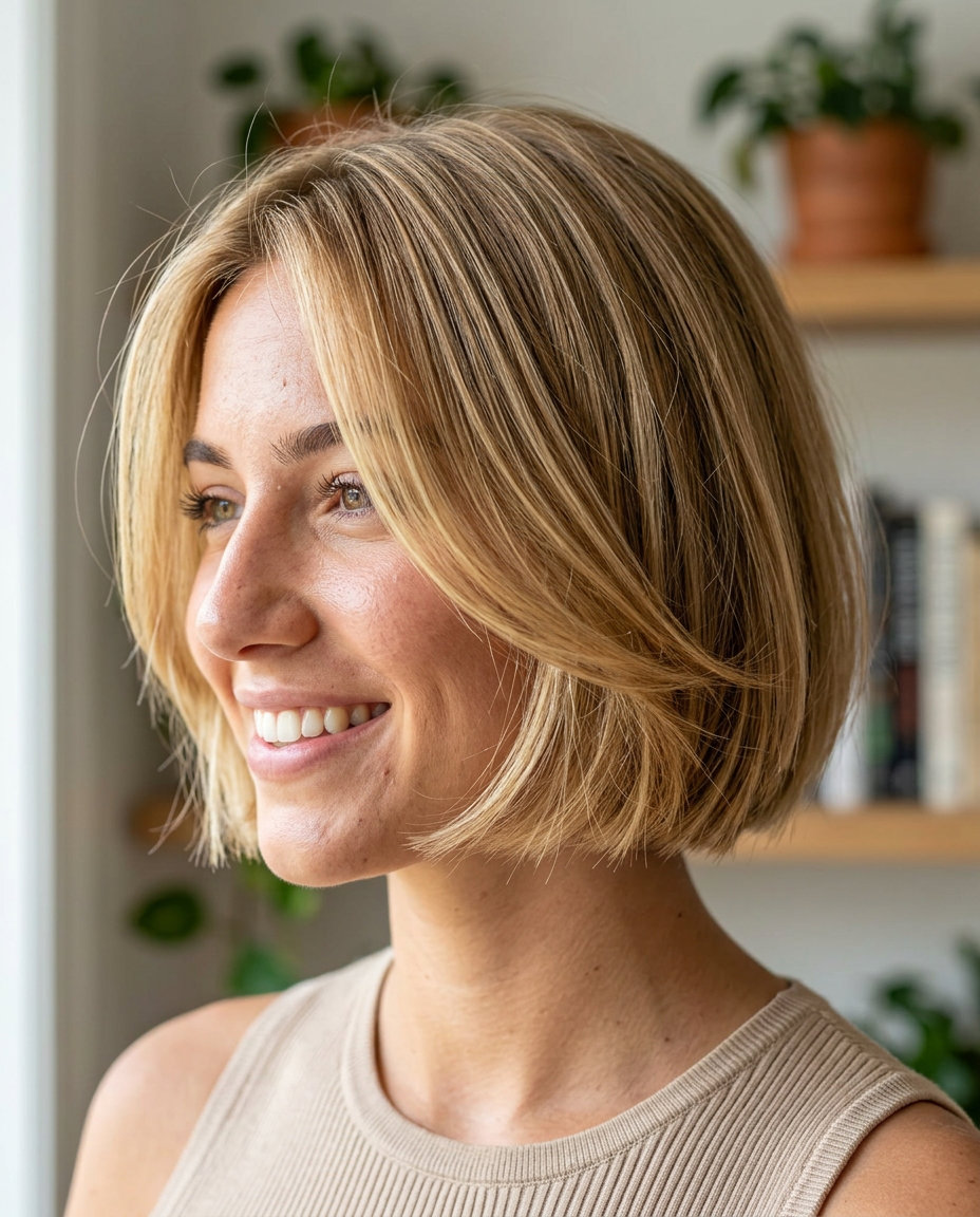 chin-length layered bob in honey blonde with golden babylights, internal layers, soft side-swept fringe — playful cute look