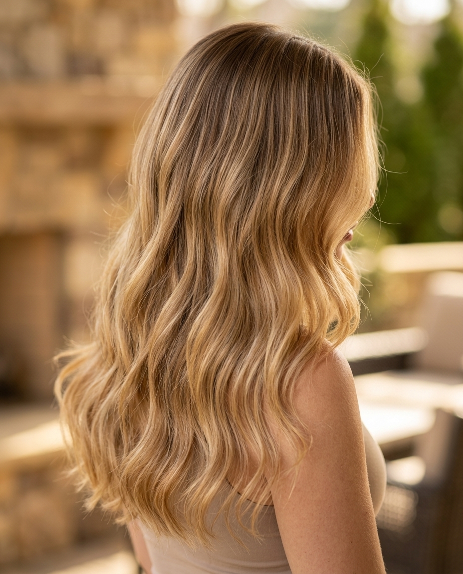 long haircut with honey blonde balayage and golden caramel melt, natural brunette root for effortless look