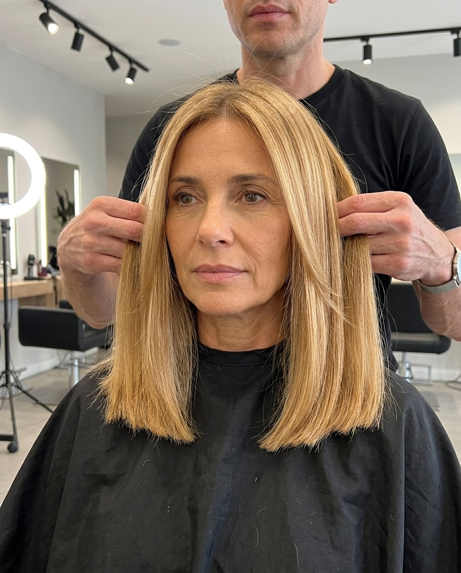 long blunt haircut in honey blonde with babylights and natural root smudge for summer