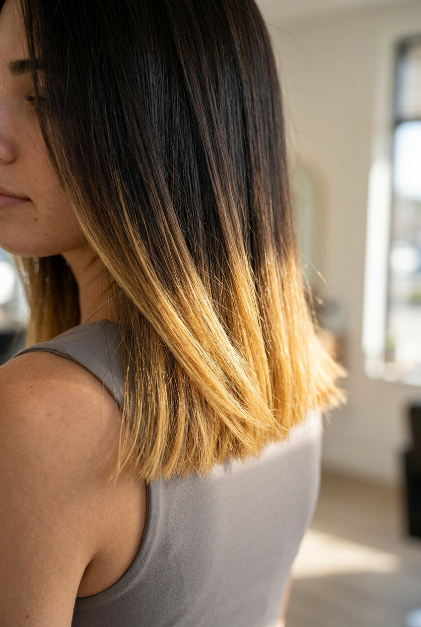 long natural brunette hair with bright honey blonde dip-dye ends, color block, edgy mood