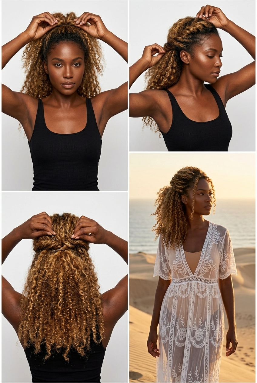 long layered haircut with warm honey blonde balayage and face-framing pieces for bohemian chic