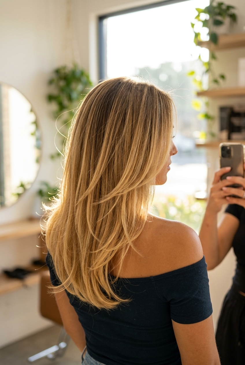 long honey blonde ombré with golden caramel, natural root, no fringe — effortless