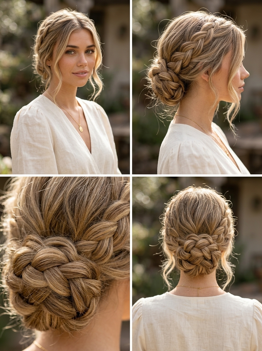 Braided Bun: Wildflower Honey Waves 2026 long wavy hair with wildflower honey blonde, braided bun — soft boho chic style