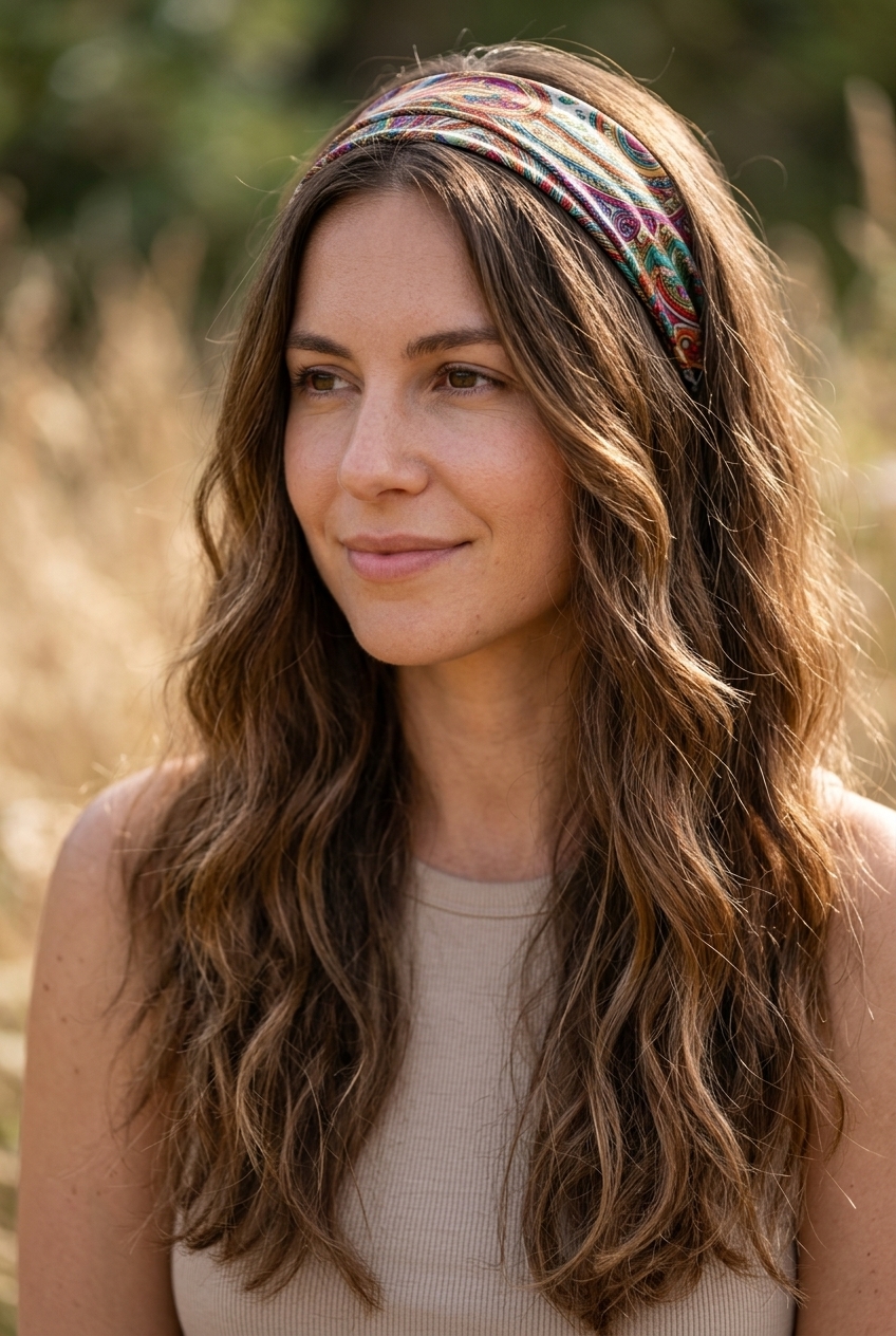 Boho Summer Wavy Hairstyle 2026: Festival Scarf Waves long wavy hairstyle with wildflower honey blonde balayage, textured waves, scarf headband — music festival