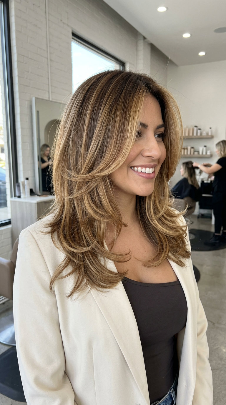 medium butterfly haircut with honey blonde & golden caramel balayage, face-framing layers — playful, boho-chic