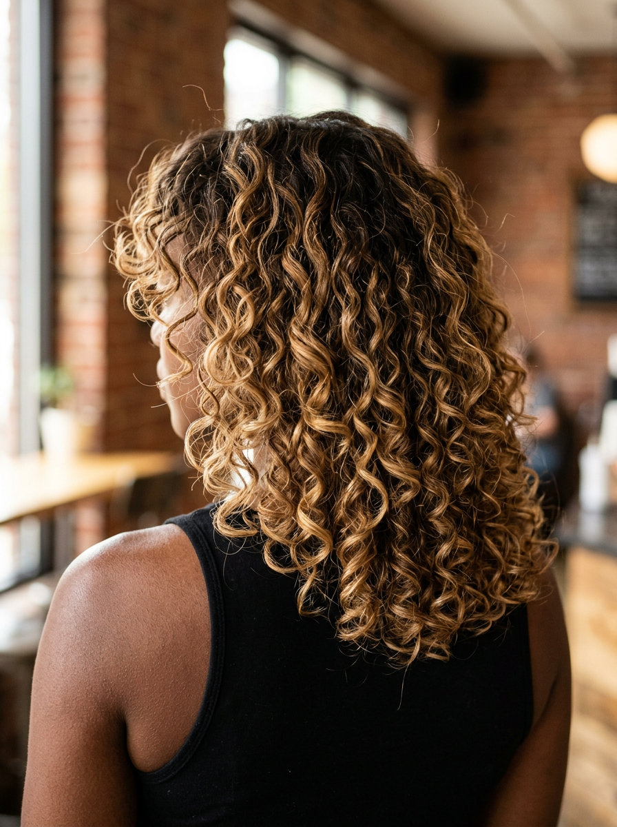 medium honey blonde wispy bangs haircut with balayage on curly hair for summer