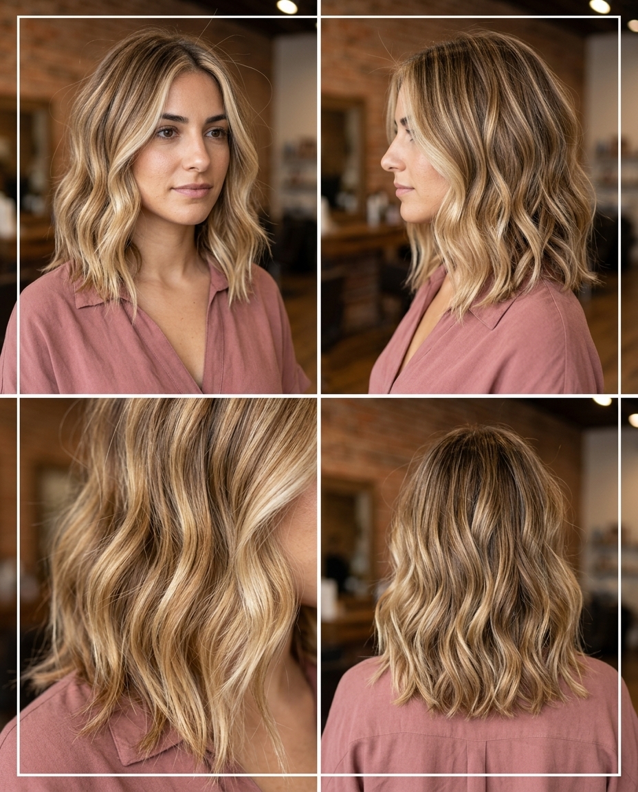 medium honey blonde lob haircut with buttercream highlights, soft layers and sweeping face-framing for beach day