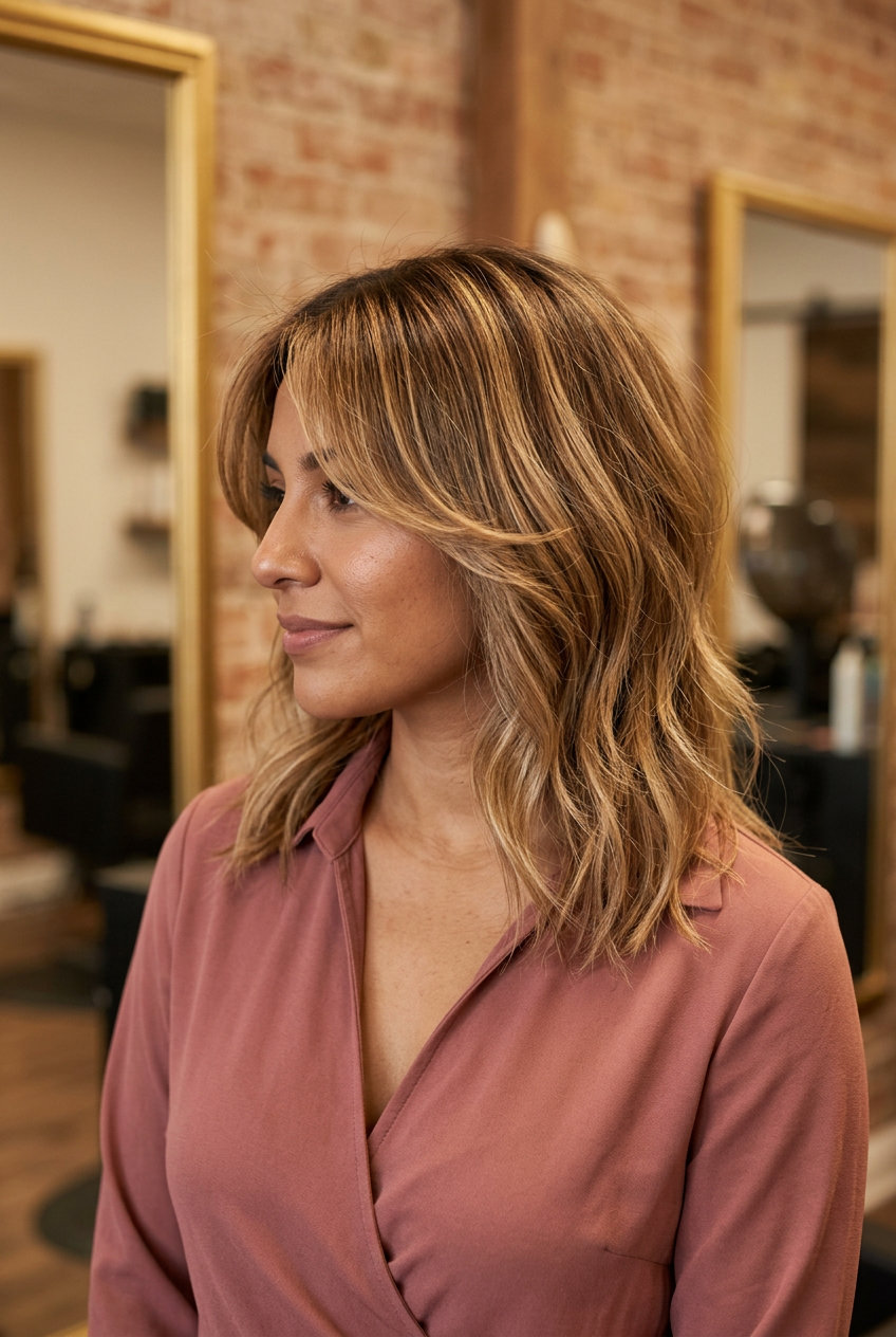 Summer Wolf Cut 2026: Sun-Kissed Horizon Balayage medium honey blonde wolf cut with golden babylights and curtain bangs for summer