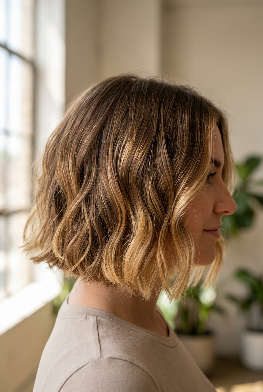 collarbone-length ombré bob haircut with honey blonde tones, subtle layers for a playful look