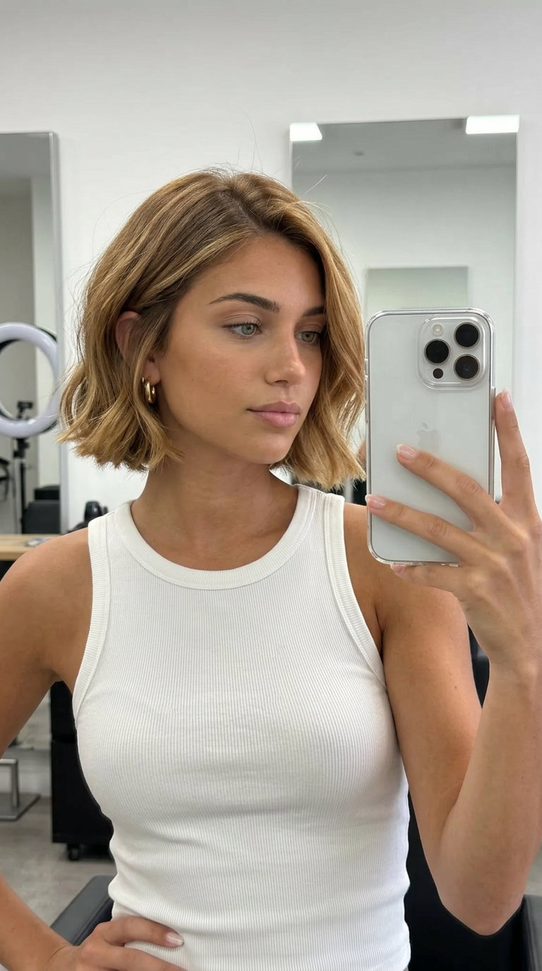 short french bob haircut in honey blonde ombré with brown base, soft blunt cut, face-framing pieces — playful beach vacation