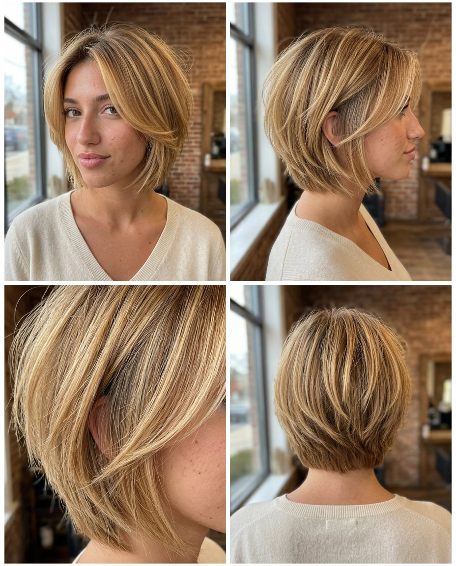 short bixie haircut in warm honey blonde with golden babylights, razored textured layers for a playful look — modern and edgy