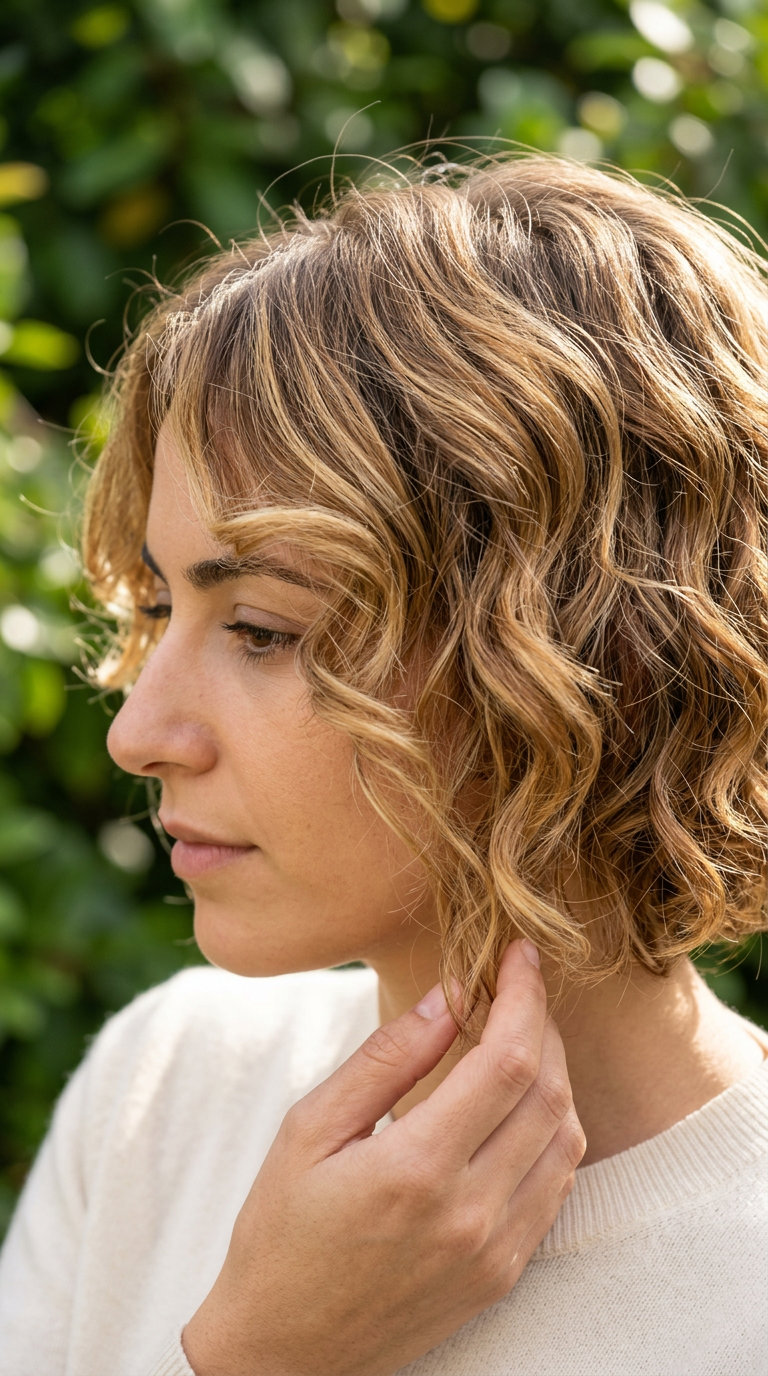 short curly bixie haircut with warm honey blonde balayage, face-framing layers — bohemian natural