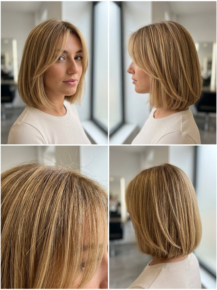 short french bob haircut in warm honey blonde with golden babylights and soft fringe for summer