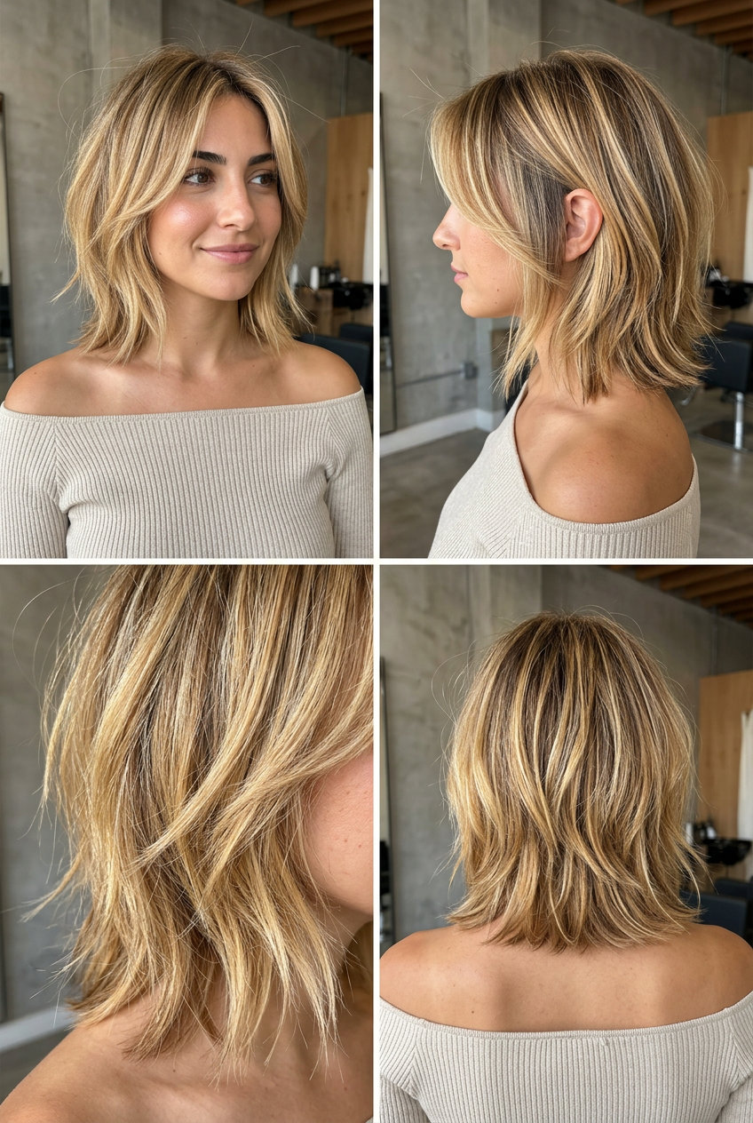 short french bob haircut in honey blonde with golden balayage, shaggy layers, face-framing layers — playful festival look
