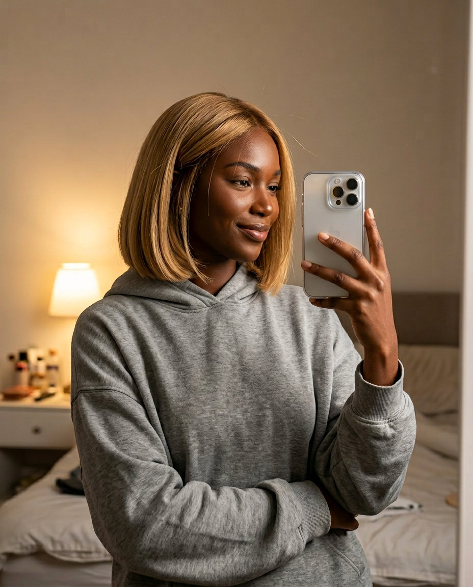 short honey blonde italian bob with neutral-gold gloss, root smudge, no fringe — sophisticated chic