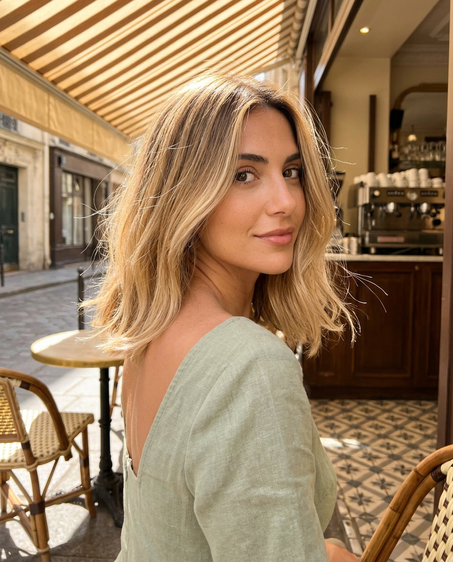 shoulder-length honey blonde lob with brunette root smudge and point-cut ends for boho texture