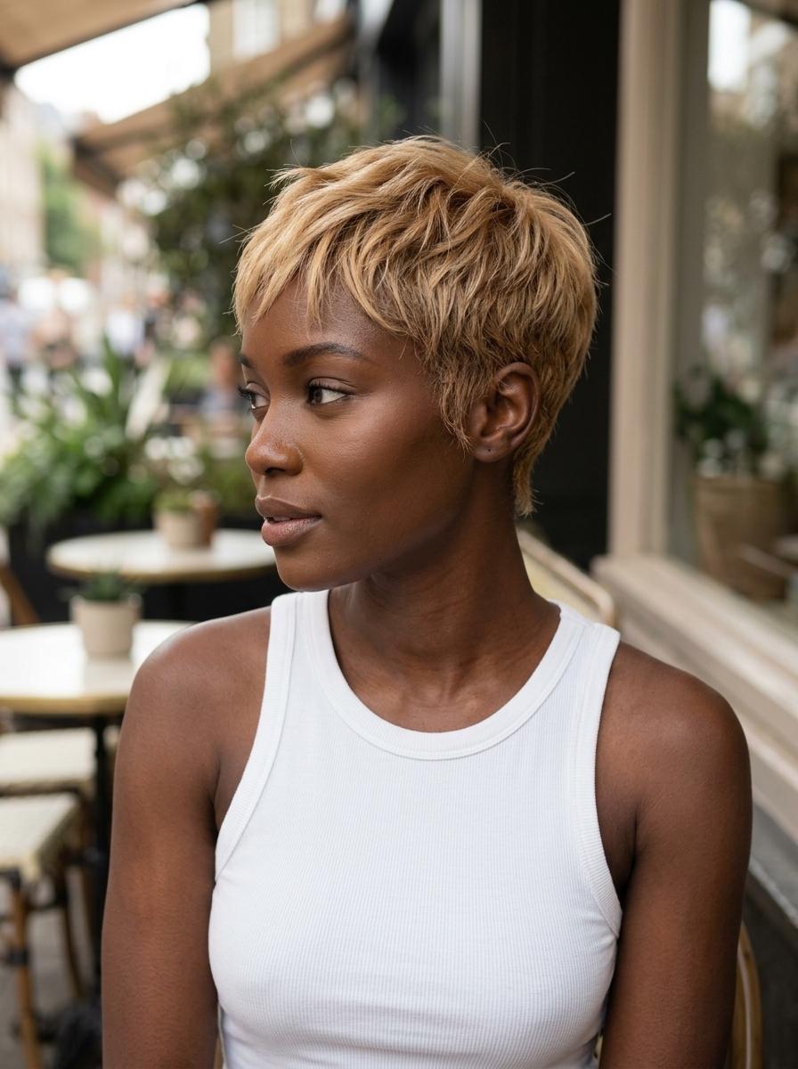 very short textured pixie haircut in honey blonde with buttercream babylights for summer