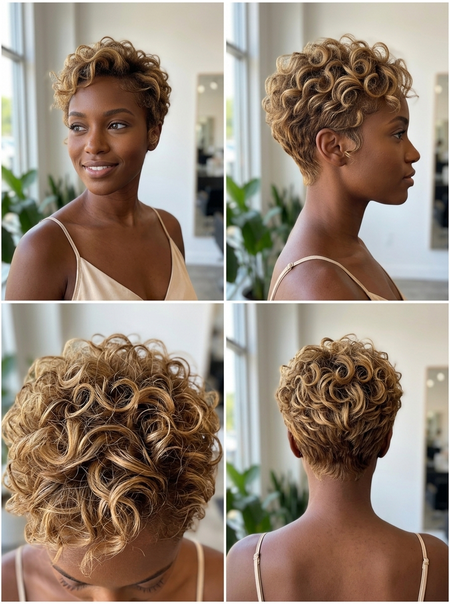 very short curly pixie haircut with sun-kissed honey blonde babylights for summer