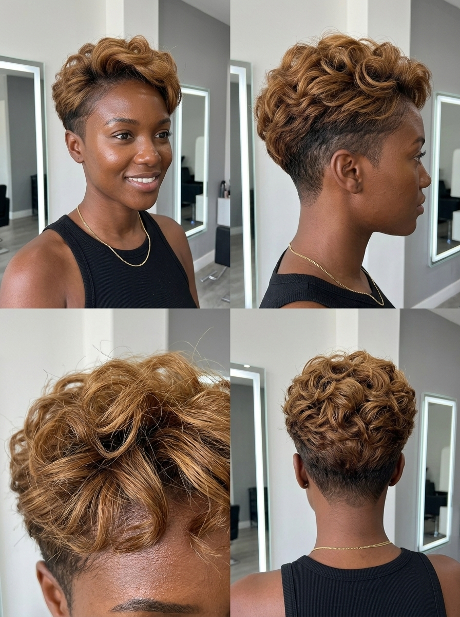 short honey bronze pixie haircut with undercut and dark root smudge for summer