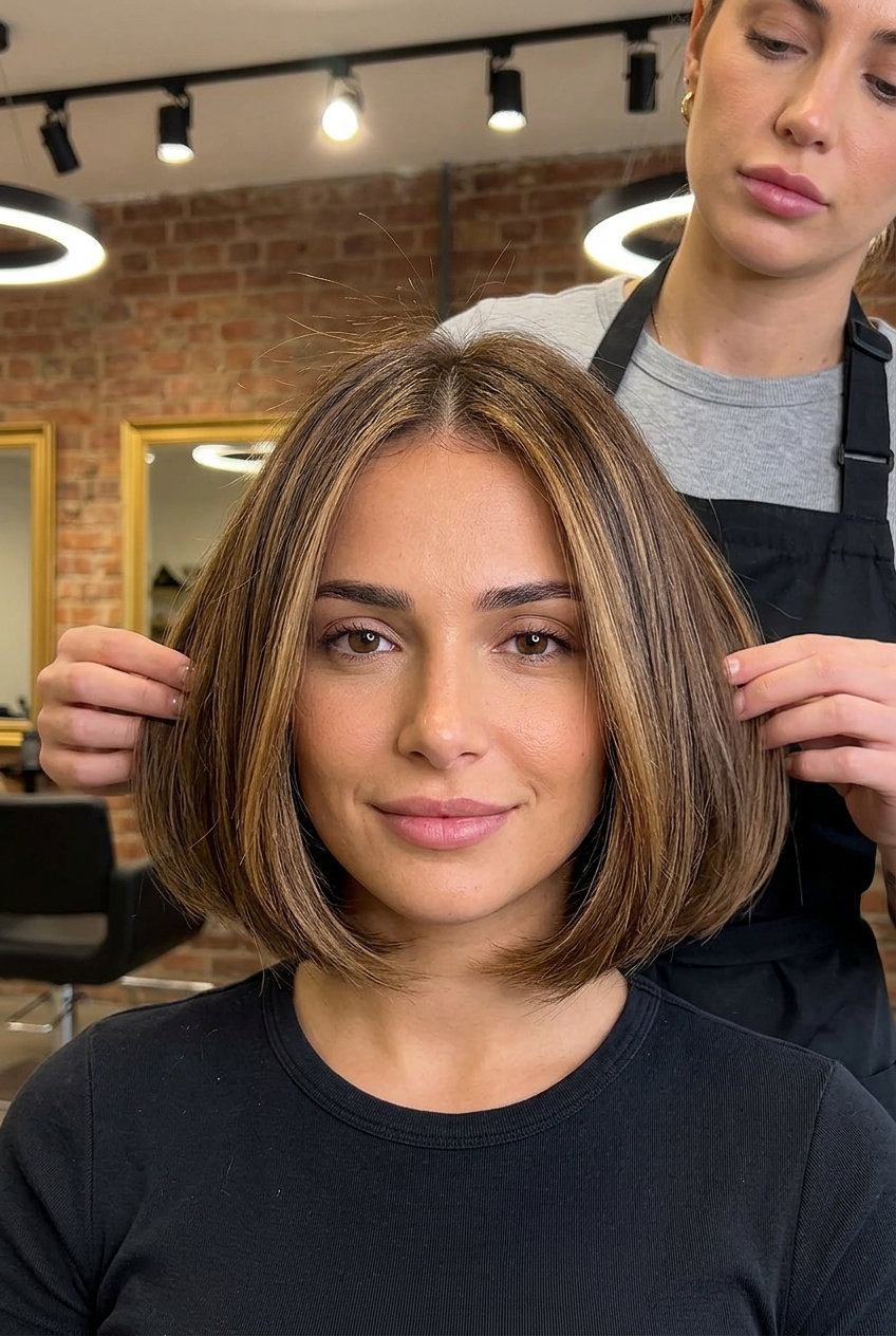 chin-length italian bob haircut in syrup brunette with honey babylights, softened blunt perimeter — sophisticated sweet style