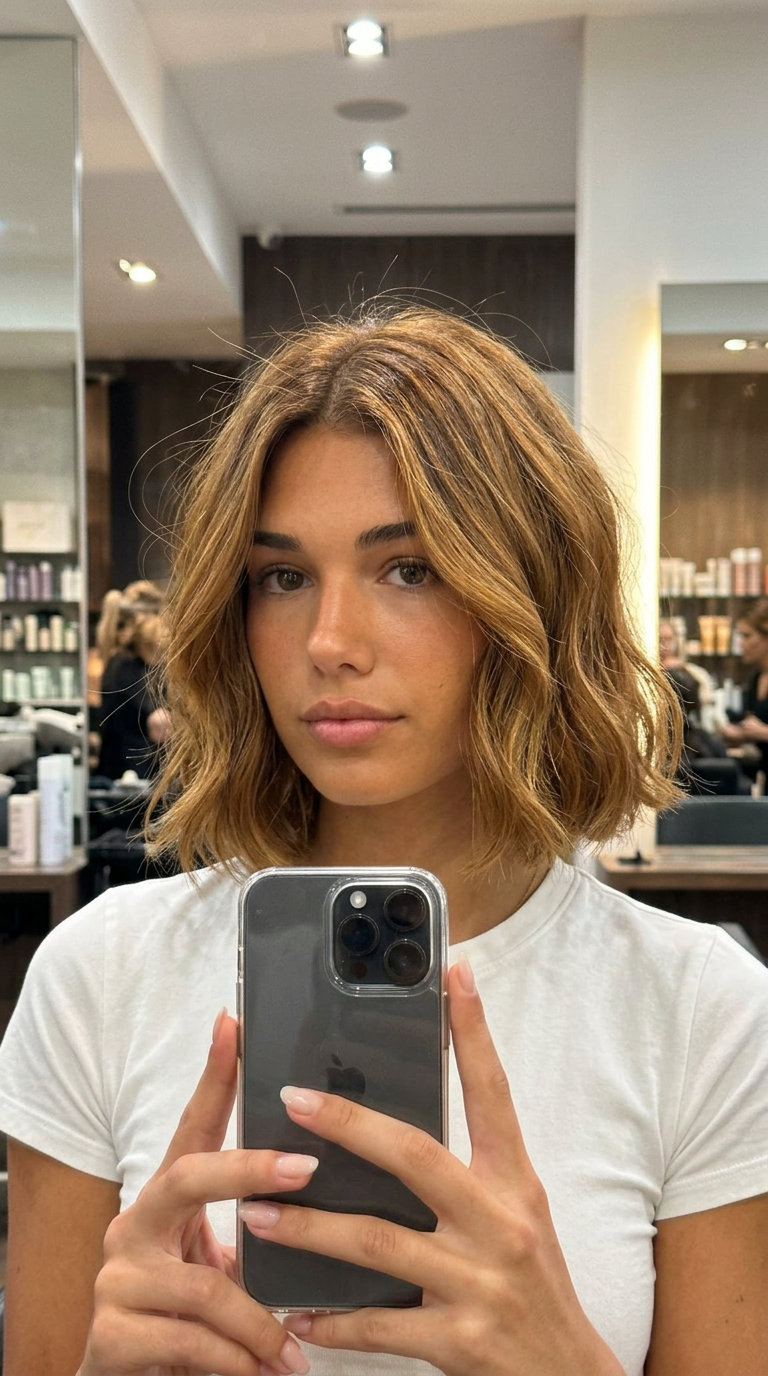 chin-length Italian bob haircut with honey glaze, diffused layers, point-cut ends — soft, effortless