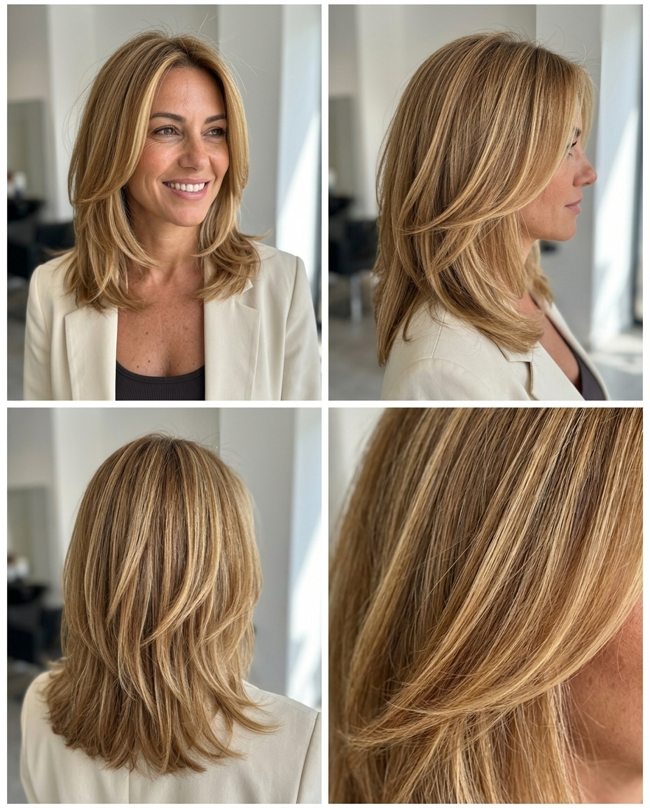 Sun-Kissed Honey Midi: Summer Haircut 2026 collarbone-length haircut in warm honey blonde with golden babylights and caramel lowlights, face-framing layers — radiant summer style 2026