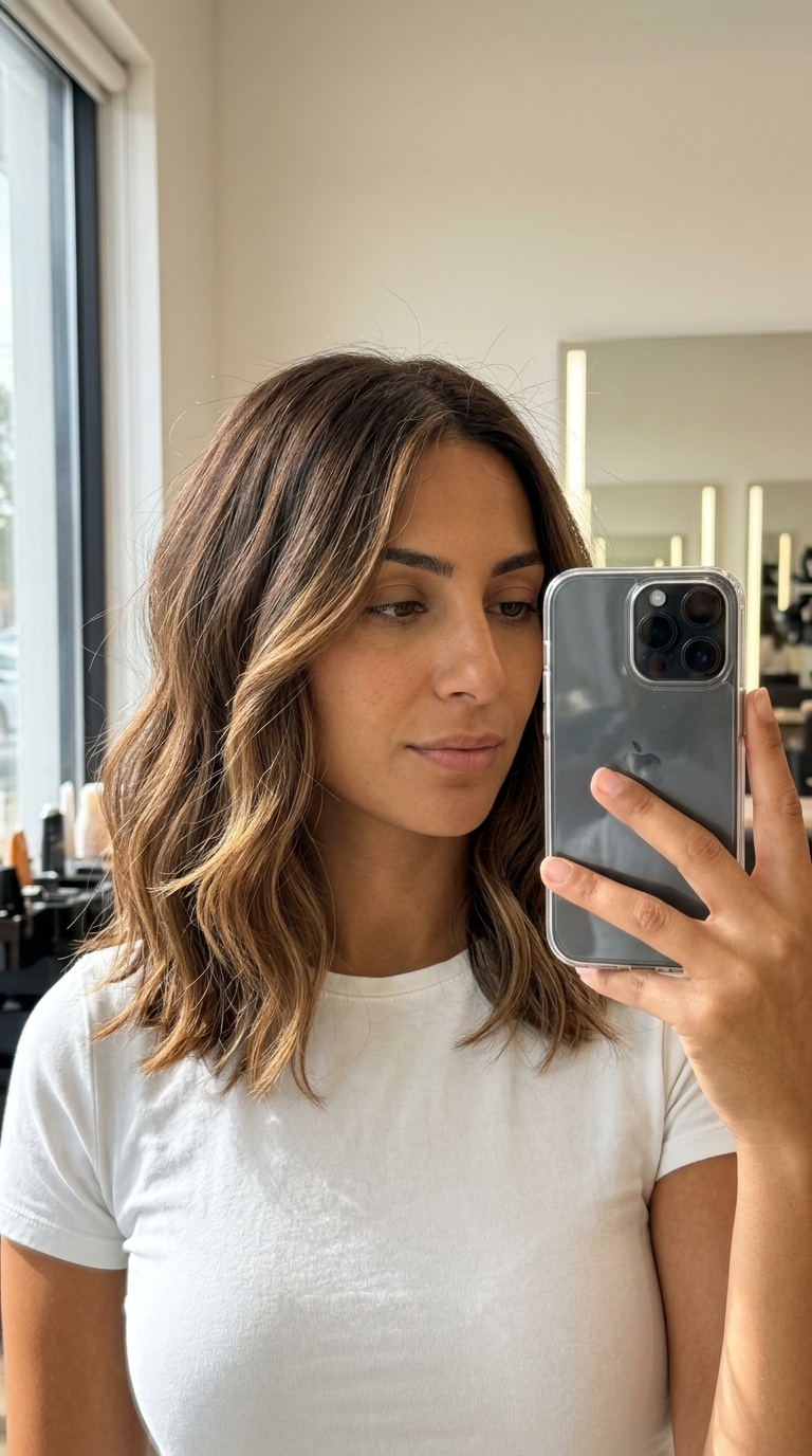 shoulder-length honey glazed lob with golden-beige babylights, soft face-framing layers — romantic playful
