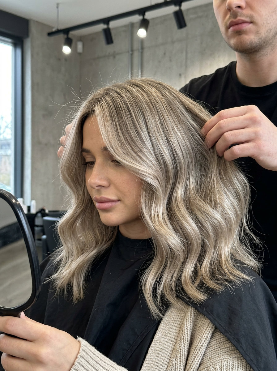 Honey-Kissed Ash Blonde Glaze 2026 long ash blonde glaze with honey-beige highlights, subtle warmth, curtain bangs — French chic