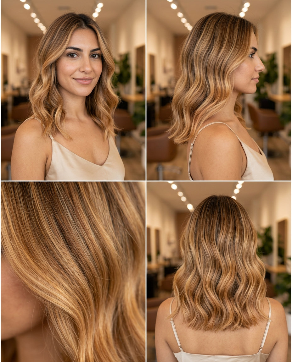 long honey nectar balayage with amber and warm brown, face-framing pieces, no fringe — romantic effortless