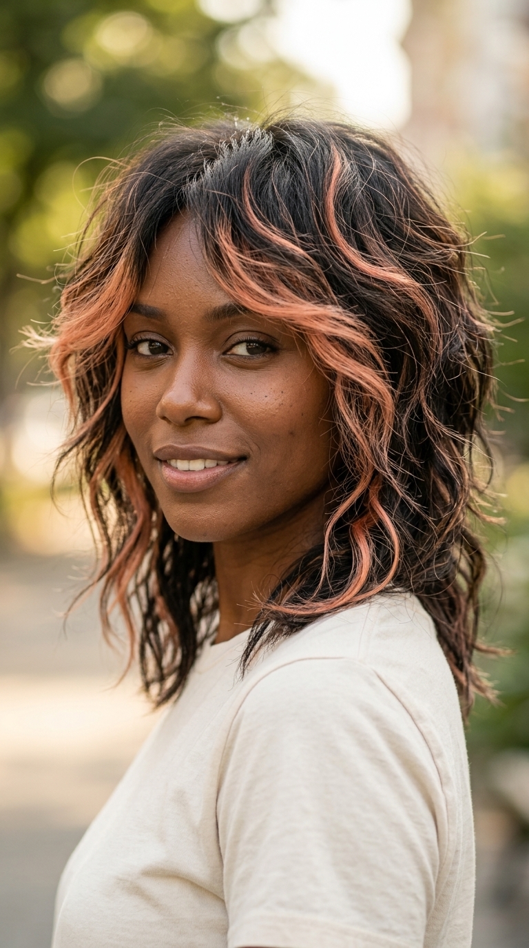 long shag haircut with warm honey brown and peach accents, textured layers, for summer