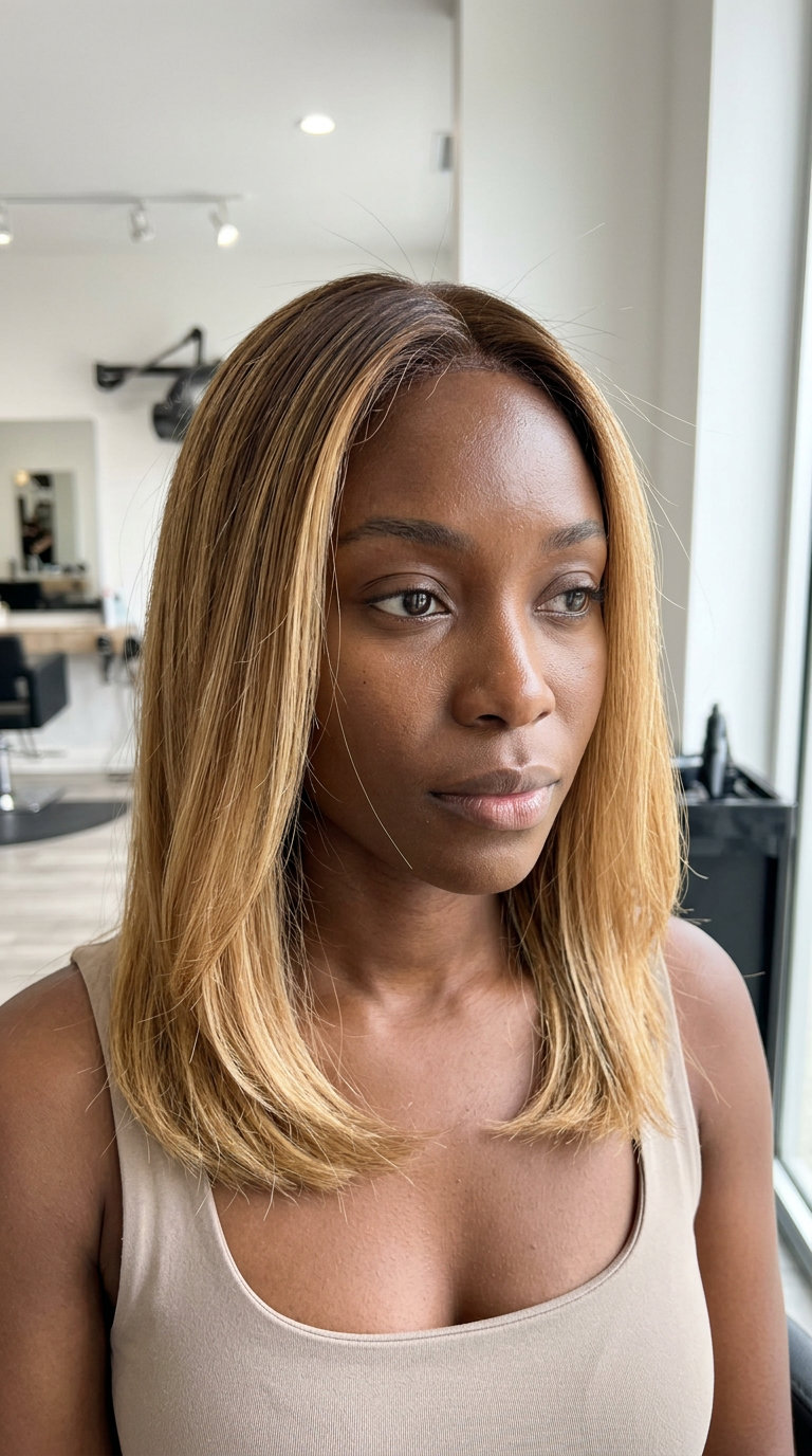mid-length layered cut with glossy honey sombré for summer