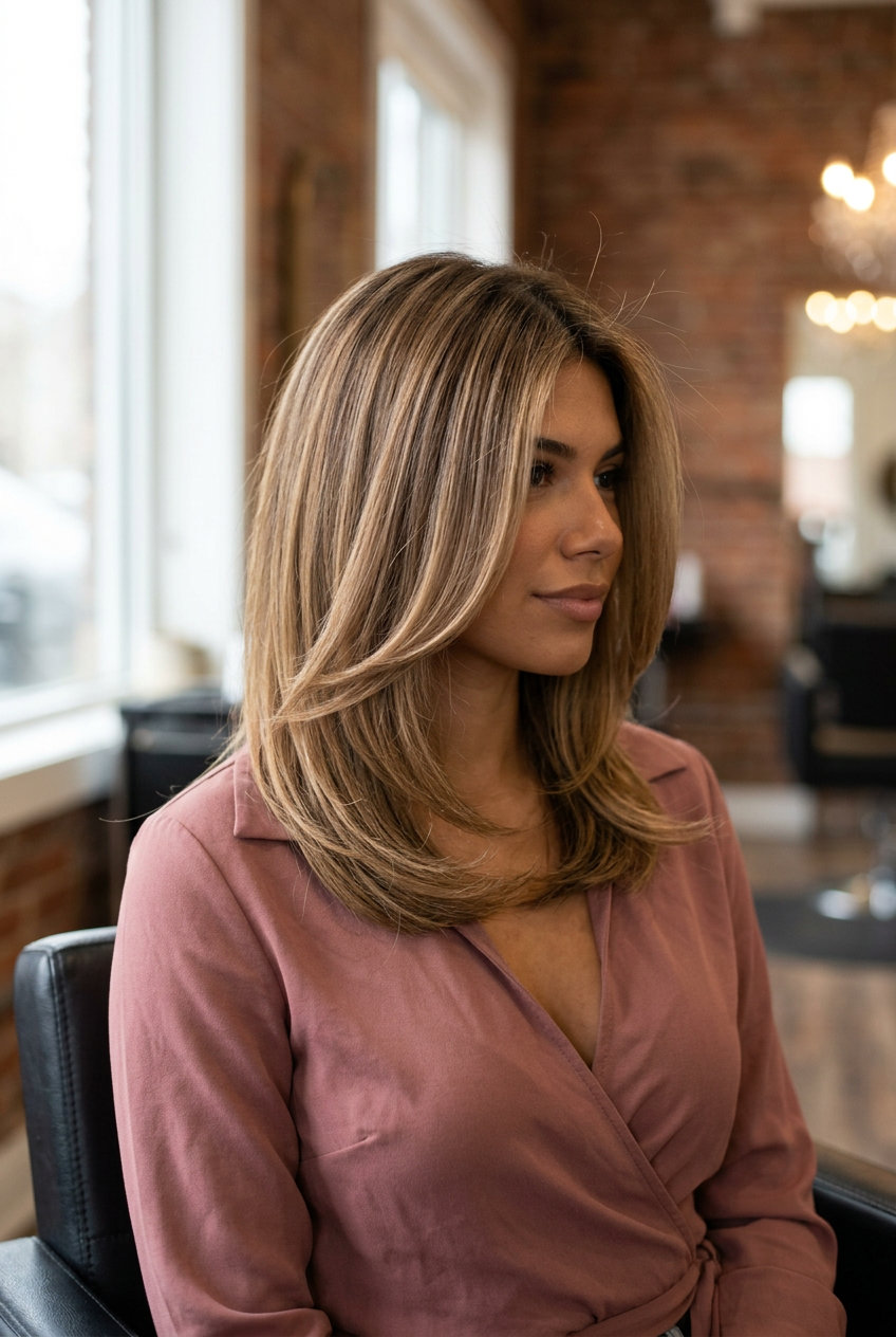 long layered honey brown hair with beige-brown undertones, soft mood