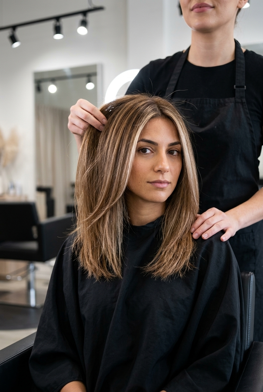 long neutral brown hair with honey wheat babylights, high contrast foiling, bright mood