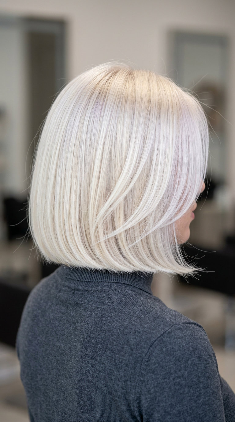 short bob with ice blonde and pearl undertones, Scandi technique — minimalist sophisticated style