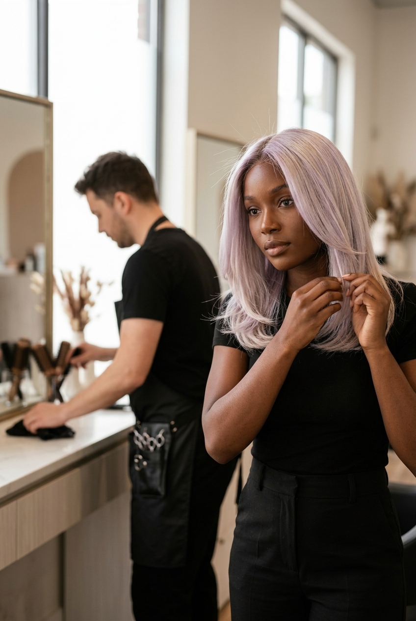 medium icy platinum lavender blonde melt with cool root, subtle overlay, razored layers — bold ethereal