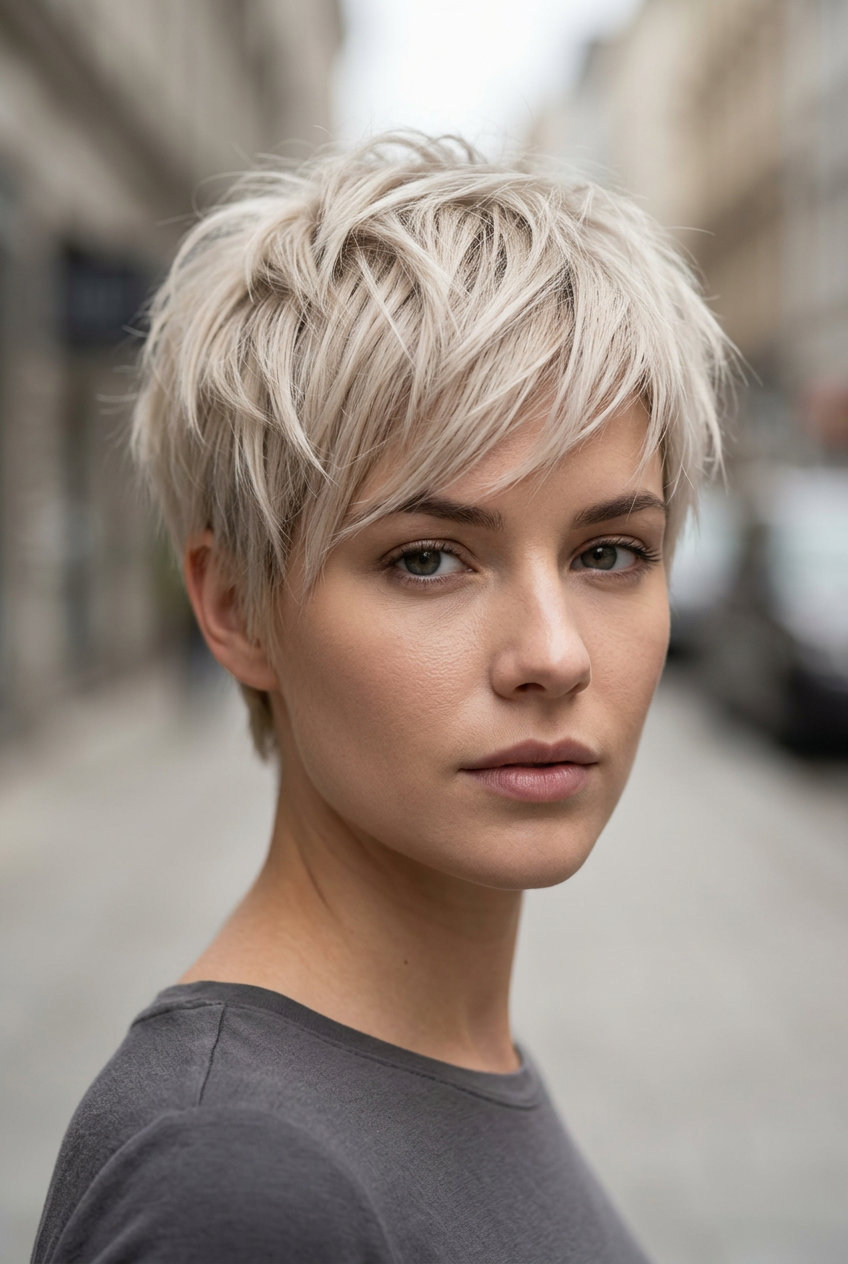 very short pixie shag haircut in icy linen blonde with ash-violet tone and wispy fringe for minimalist chic