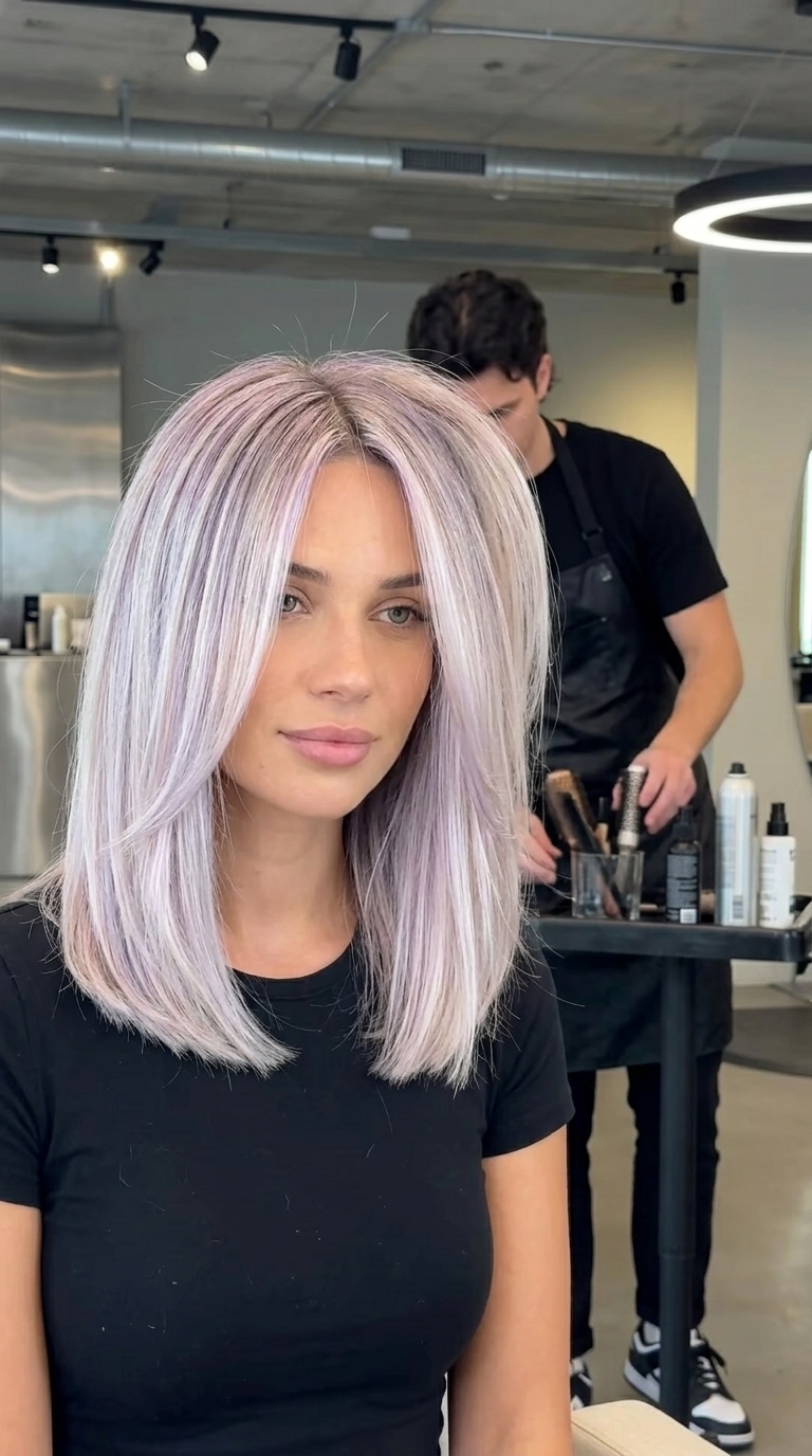 collarbone-length lob balayage with icy pearl, AirTouch technique, no bangs — edgy modern look