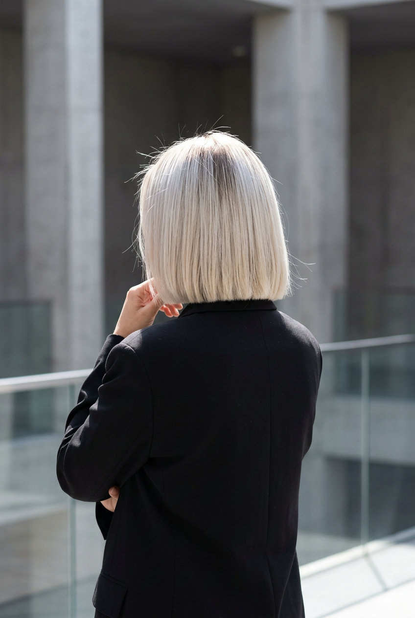 chin-length blunt bob with icy platinum blonde, dark vanilla root shadow, and hidden undercut for sleek edgy style