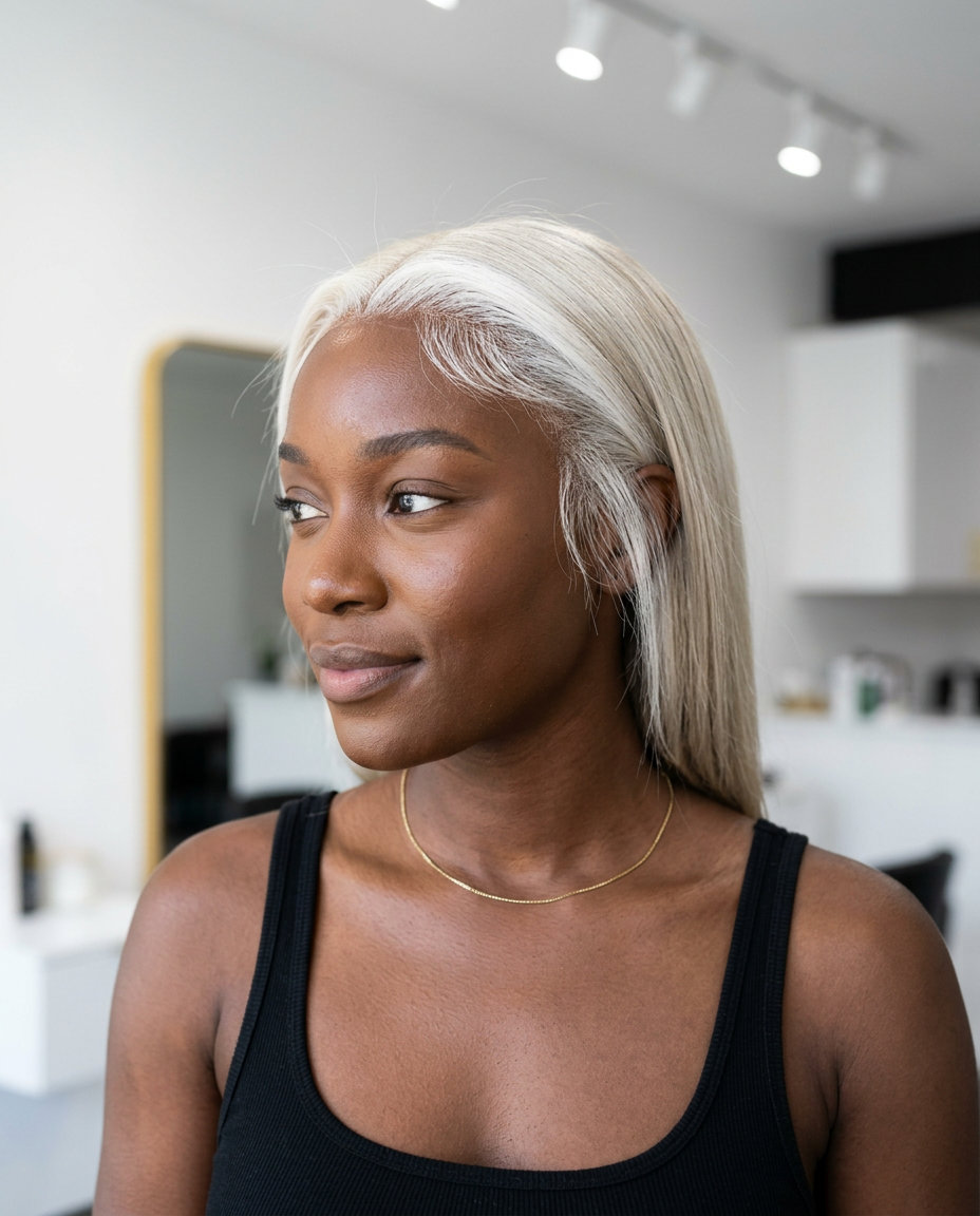 short pixie blonde with icy platinum hairline and cool blonde base for summer