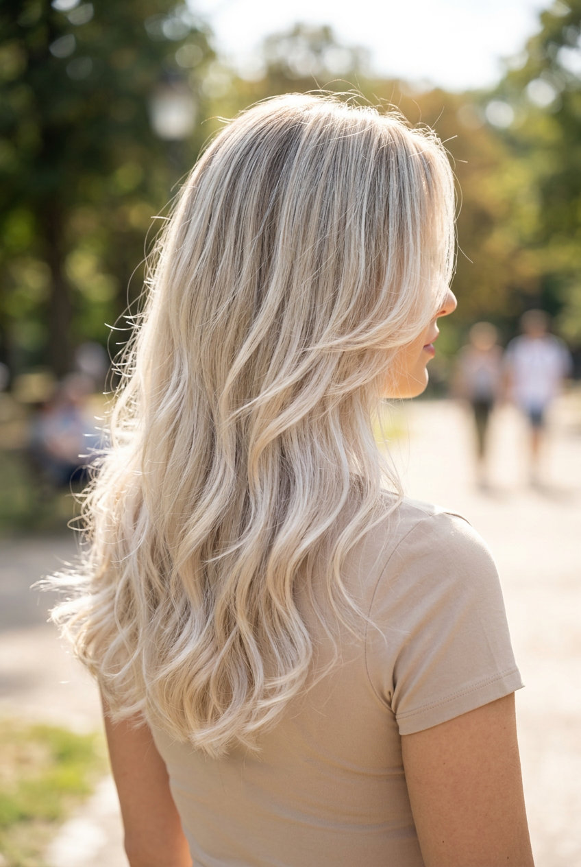 long flowing haircut with icy platinum balayage and champagne root smudge, soft internal layers for summer