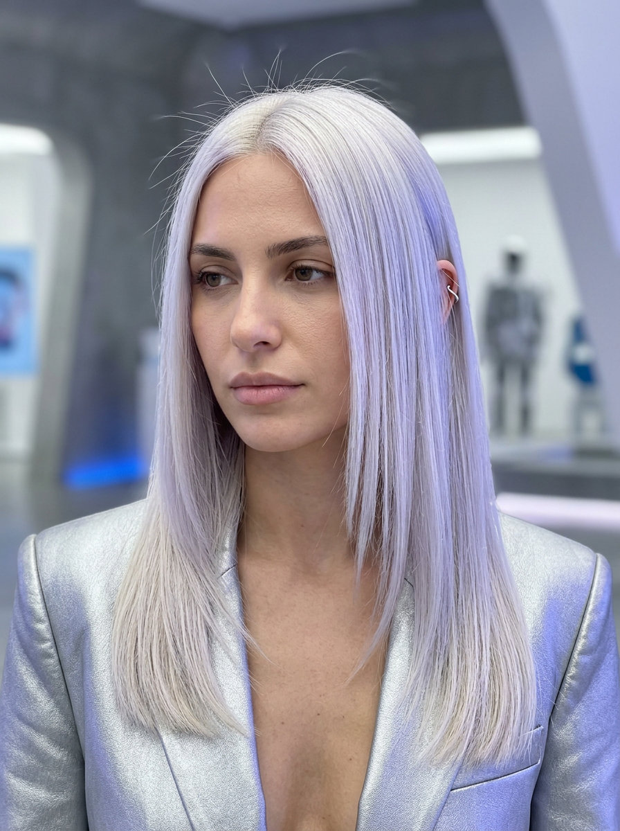 long hair with internal layers in icy platinum blonde with cool silver tones for summer