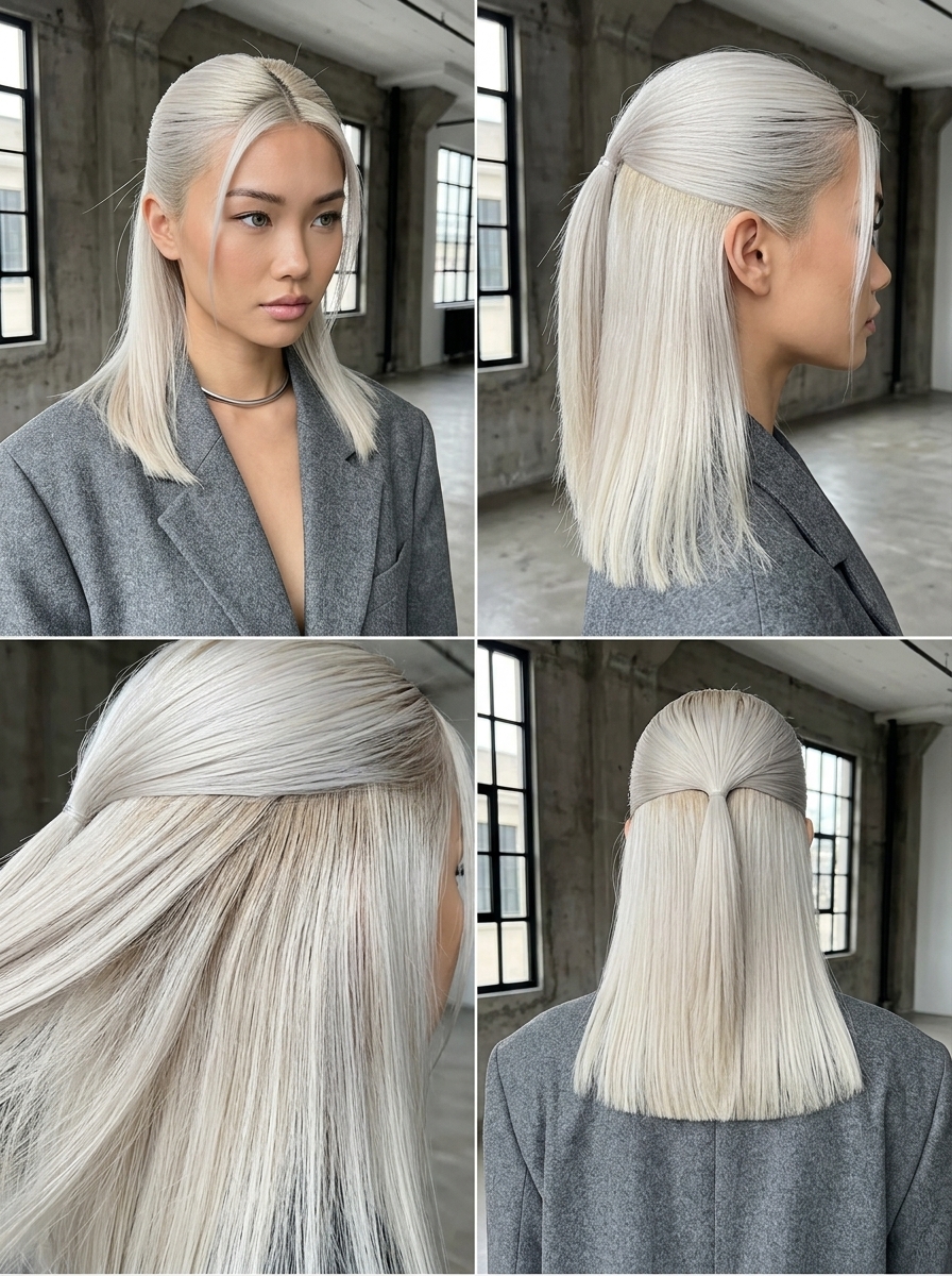 medium blunt cut icy platinum blonde half up half down with cool beige root smudge, Scandi hairline — minimalist chic