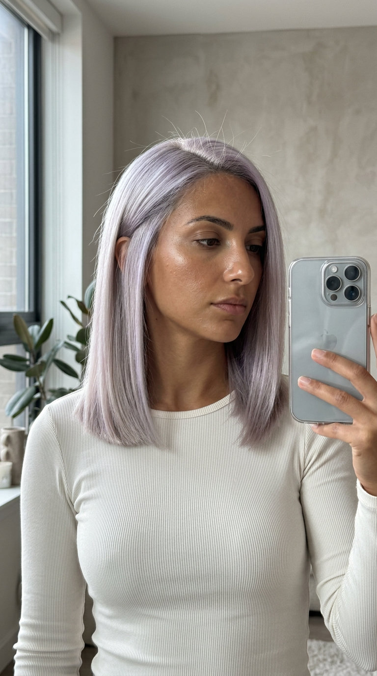 medium blunt haircut in icy platinum blonde with violet toner, no layers, no bangs — edgy and sophisticated