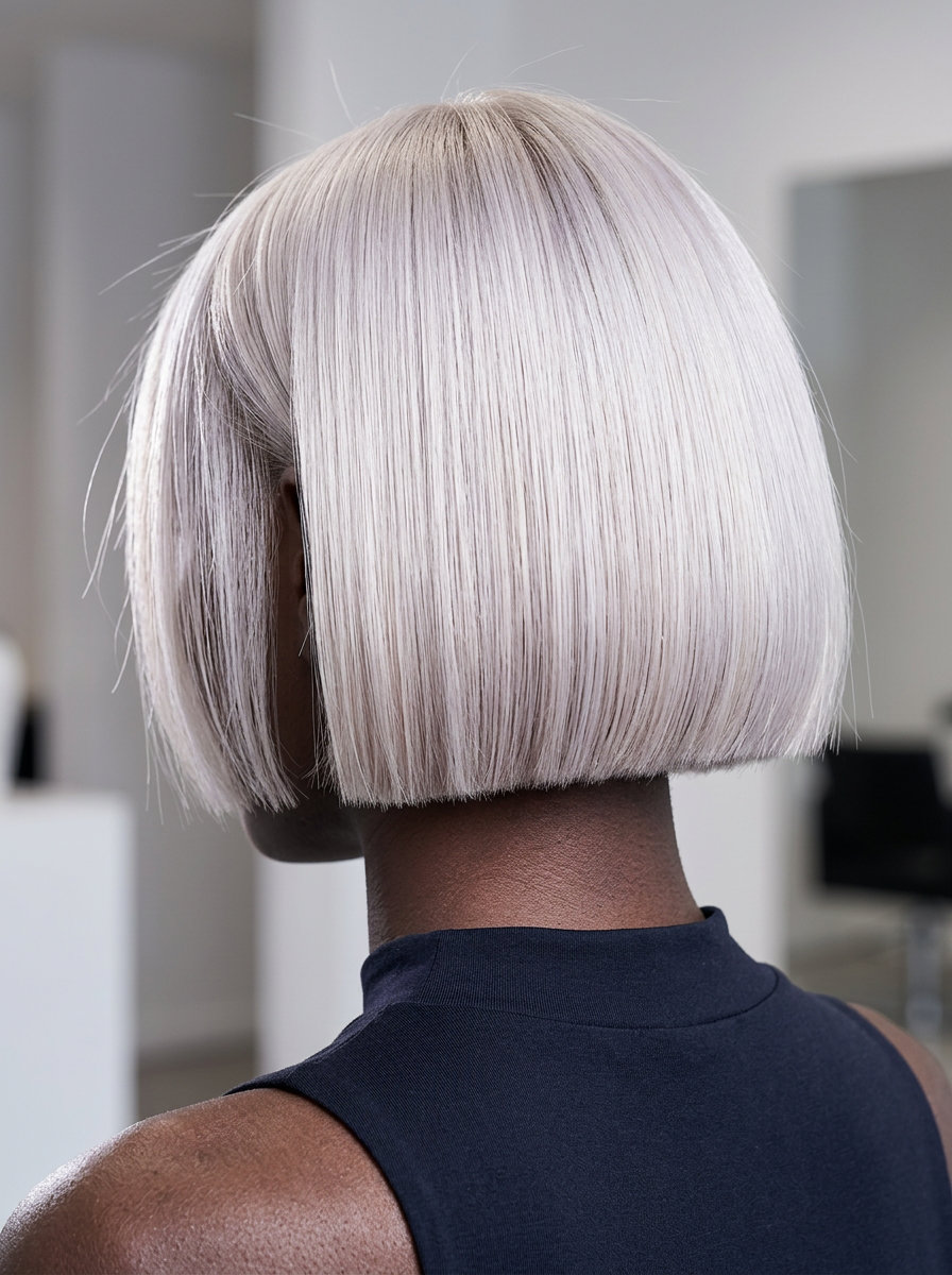 micro bob haircut in icy platinum blonde with razor-sharp perimeter for high-fashion summer 2026