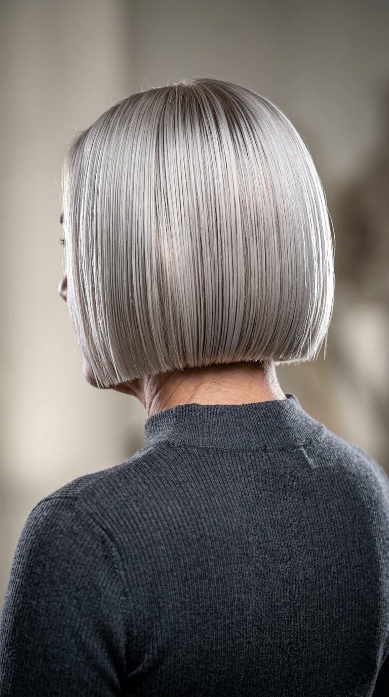 neck-length blunt bob in icy platinum blonde with silver tones, clean part — minimalist chic look